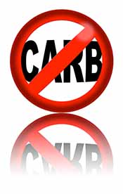 El letrero rojo de restricción de tráfico dice "carbohidratos": un letrero que muestra que los carbohidratos están restringidos.