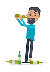 Ilustración de dibujos animados de un hombre que bebe suficiente alcohol.