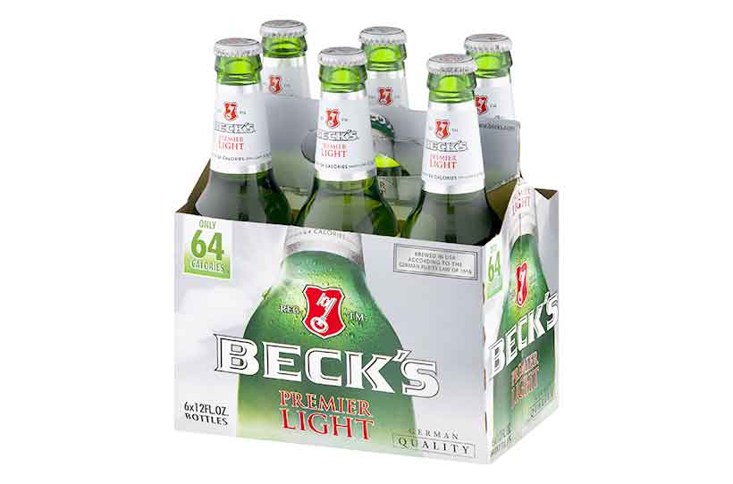 Becks Premier Light: bajo en calorías y bajo en carbohidratos. Un paquete de 6 cervezas Becks Premier Light.