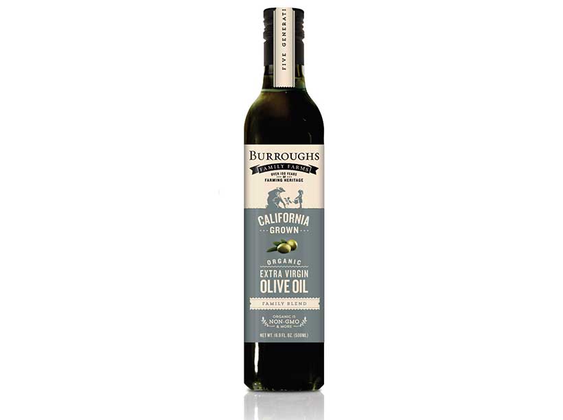 Botella de vidrio oscuro Granjas de aceite de oliva virgen extra de la familia Burroughs.