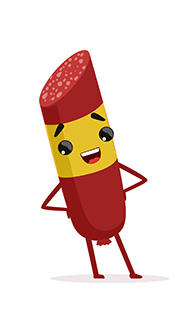 Caricatura de salchicha Salami sonriente.