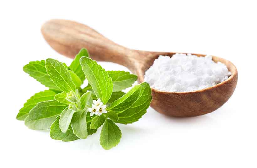 Extracto de Stevia en Polvo. Hojas de Stevia junto a edulcorante en polvo.