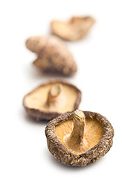 Algunas setas Shiitake secas sobre una superficie blanca.