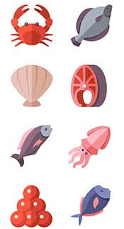 Ilustración que muestra diferentes tipos de pescados y mariscos saludables: pescados y mariscos.