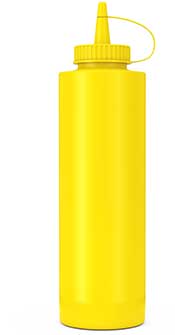 Botella de mostaza exprimible de plástico amarillo.