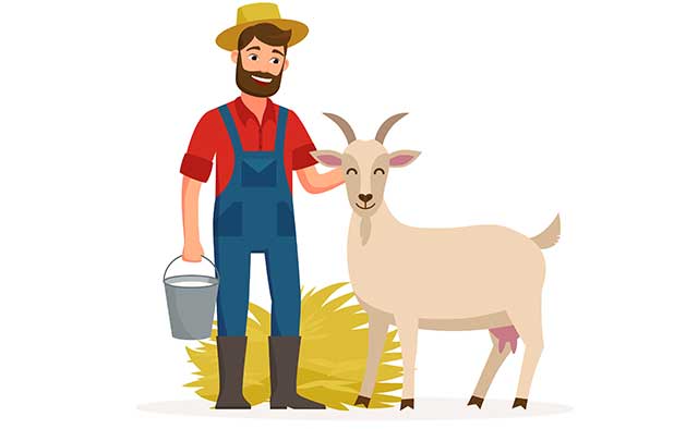 Granjero sosteniendo un balde de leche de cabra parado cerca de una cabra.