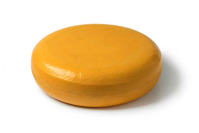 Queso Gouda holandés sobre un fondo blanco.