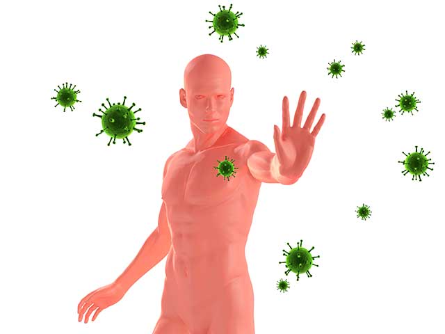 Ilustración de un hombre que bloquea los virus (tema del sistema inmunitario).