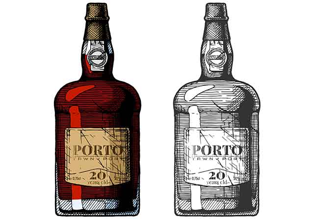 Botella de vino de postre dulce de Oporto.