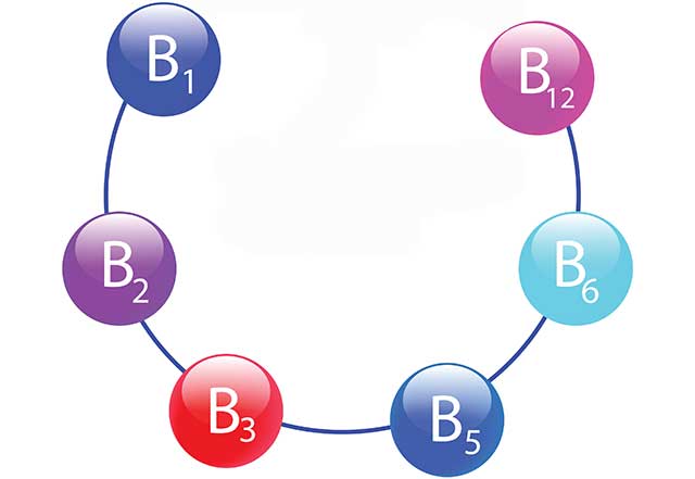 Las vitaminas hidrosolubles: vitamina B1, B2, B3, B5, B6 y B12.